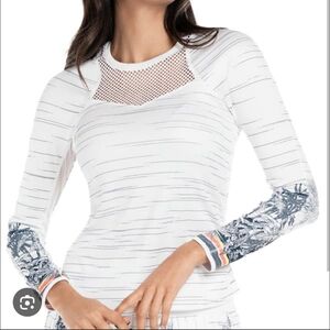Lucky in Love White and Blue Mesh Sleeve Tops